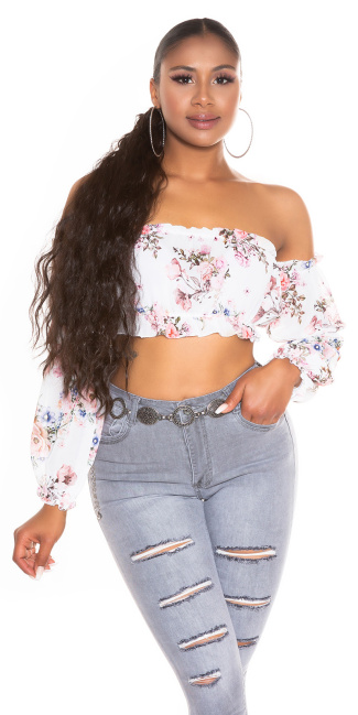 ruffled Carmen top with a flower pattern White